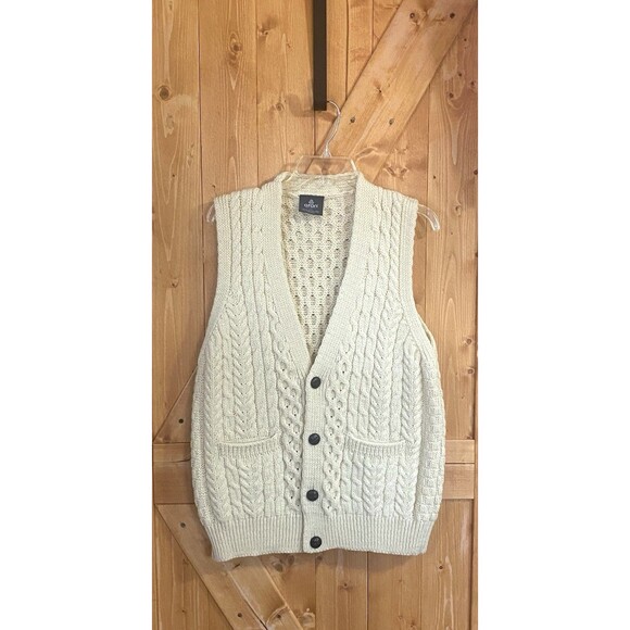 Aran Woollen Mills 100% Wool Cable Knit Button Front Vest Men’s M Ireland Cream - Picture 1 of 8